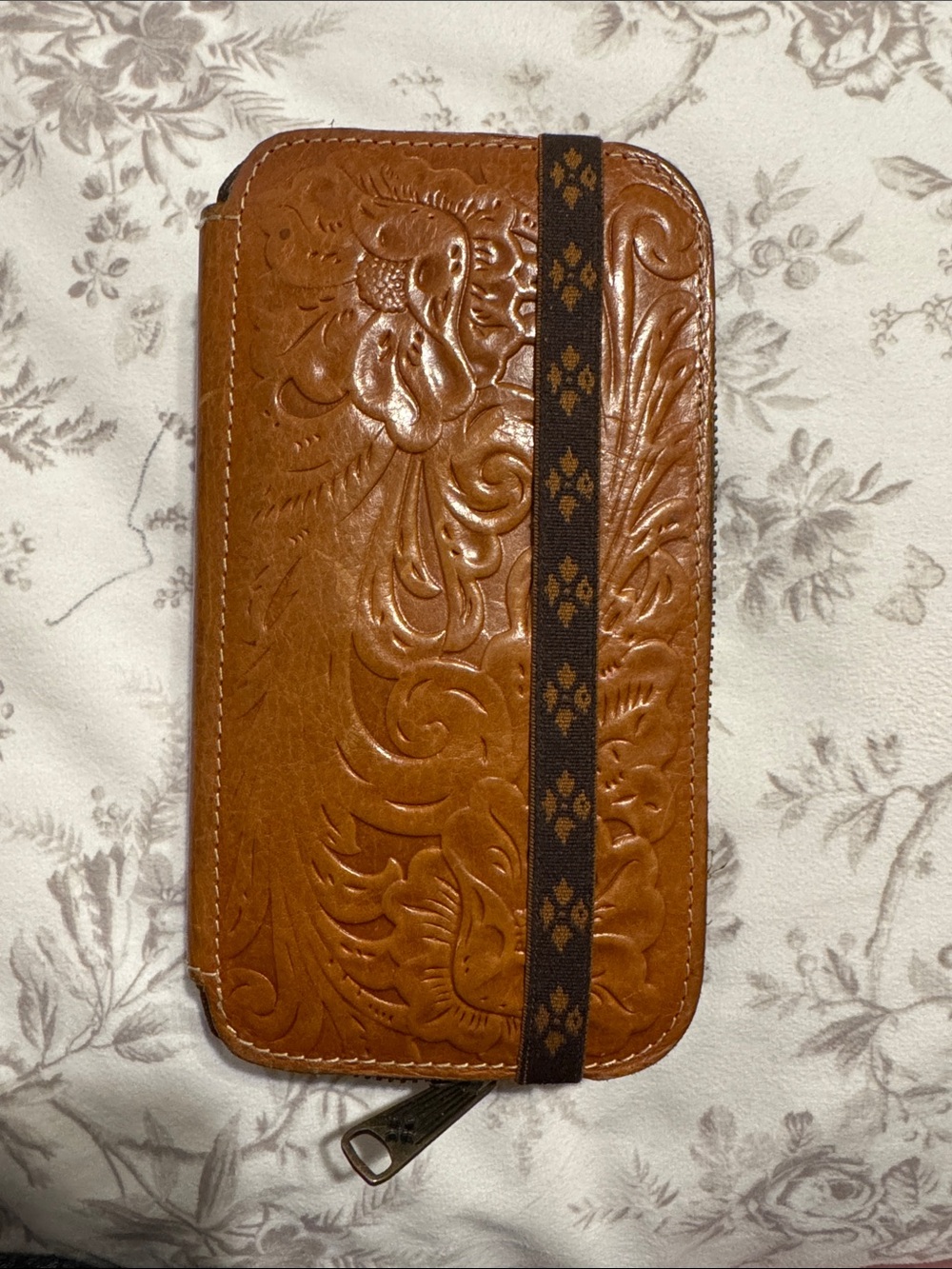 Patricia Nash Tooled Floral Leather Wallet in Cognac
